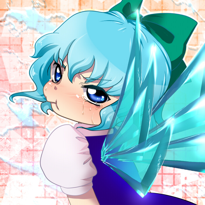 :&gt; bad_id bad_pixiv_id blue_eyes blue_hair bow cirno hair_bow short_hair solo tears touhou wings youkyou