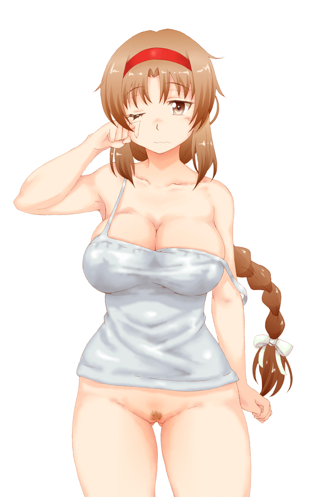 bottomless braid breasts brown_eyes brown_hair d-frag! hairband kesuida large_breasts long_hair one_eye_closed pubic_hair simple_background single_braid solo strap_slip takao_(d-frag!) white_background