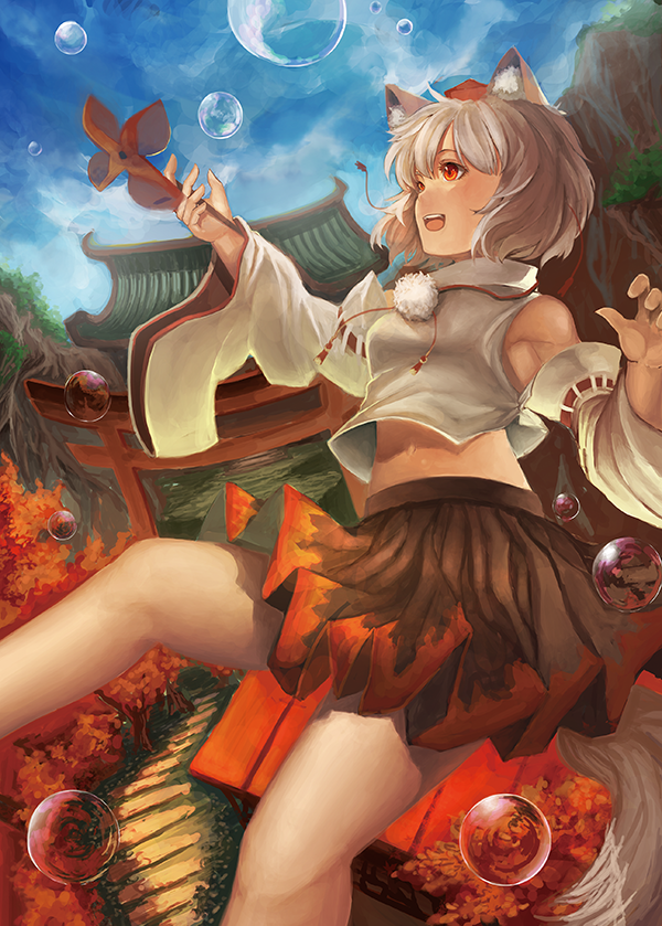 animal_ears autumn_leaves bare_shoulders blue_sky bubble day detached_sleeves flying hat hat_ribbon inubashiri_momiji long_sleeves midriff navel open_mouth pinwheel ribbon rikkido shirt shrine silver_hair skirt sky smile solo tail tokin_hat torii touhou tree wide_sleeves wolf_ears wolf_tail yellow_eyes
