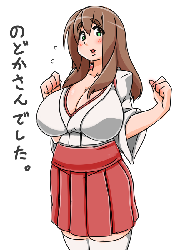 1girl breasts brown_hair cleavage collarbone female green_eyes huge_breasts japanese_clothes kaz_(shade) long_hair makihara_nodoka miko original simple_background skirt solo standing thighhighs white_background white_legwear white_thighhighs