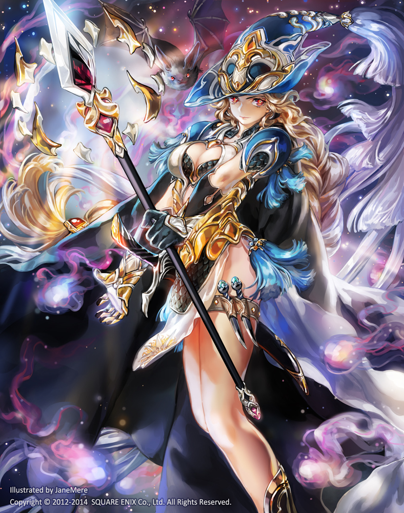 animal bat blonde_hair breasts cleavage cleavage_cutout dagger flying_sweatdrops gauntlets gem gloves guardian_cross hat holding holding_weapon holster jane_mere lance large_breasts long_hair looking_at_viewer official_art polearm red_eyes side_slit square_enix standing sword tassel weapon white_gloves witch_hat wizard_hat