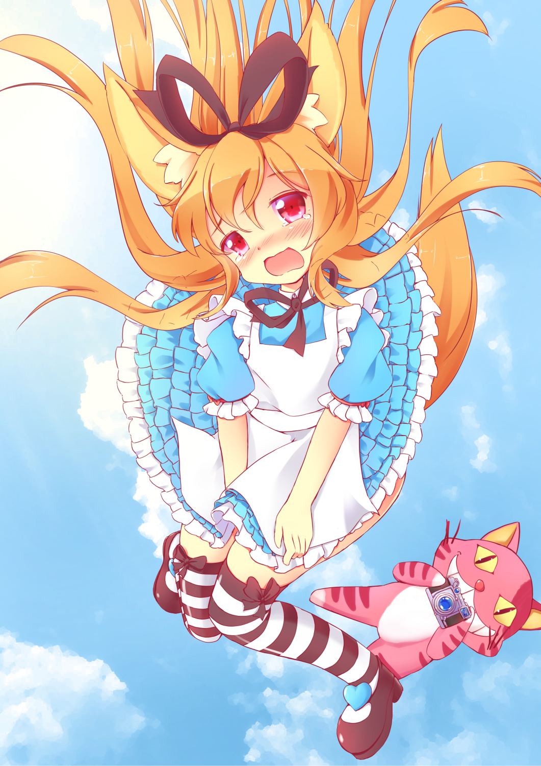 alice_in_wonderland animal_ears apron blush brown_hair camera cat cheshire_cat day dog_ears dress dress_tug elin_(tera) falling grin highres kt_cano long_hair mary_janes open_mouth red_eyes ribbon shoes sky smile striped striped_legwear tail tears tera_online thighhighs wind wind_lift