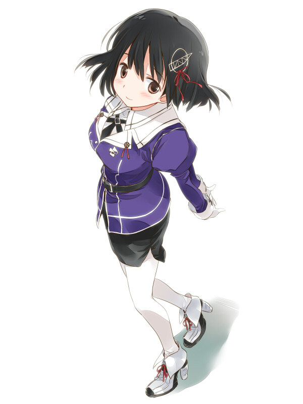 arms_behind_back asoka black_hair brown_eyes from_above full_body haguro_(kantai_collection) hair_ornament kantai_collection looking_at_viewer looking_up necktie pantyhose shoes short_hair simple_background solo white_background white_legwear