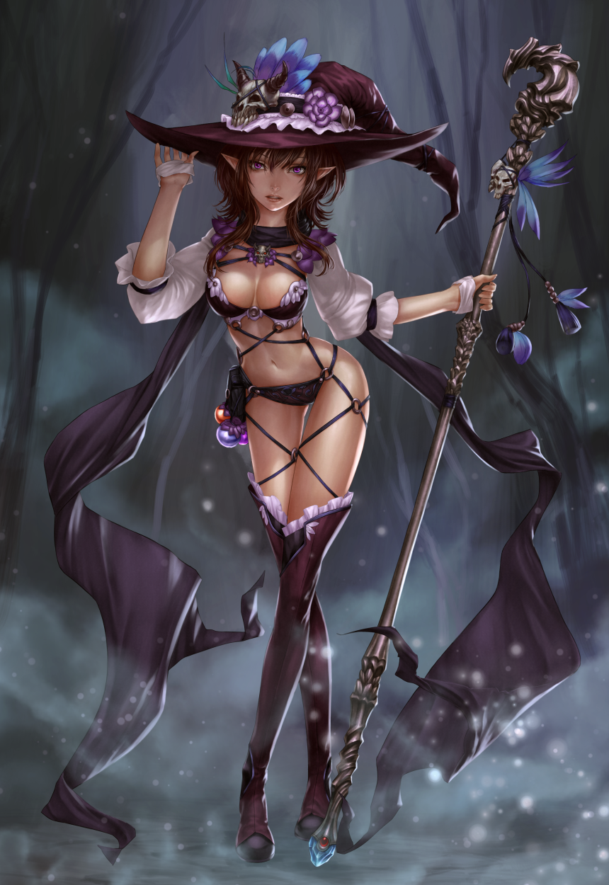 bad_id bad_pixiv_id black_legwear boots breasts brown_hair cleavage fantasy hat highres large_breasts lips long_hair ml.e navel original pointy_ears purple_eyes skull solo staff thigh_boots thighhighs witch witch_hat