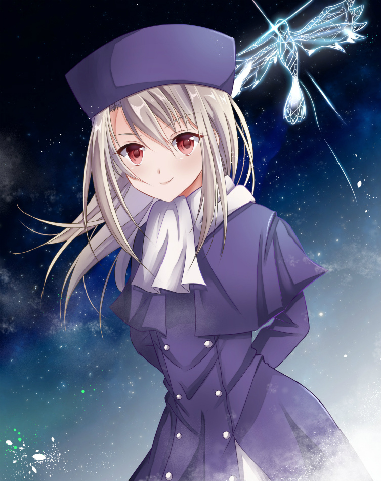 bad_id bad_pixiv_id bird fate/stay_night fate_(series) hat illyasviel_von_einzbern long_hair minato_(red00ve) purple_hat red_eyes solo white_hair