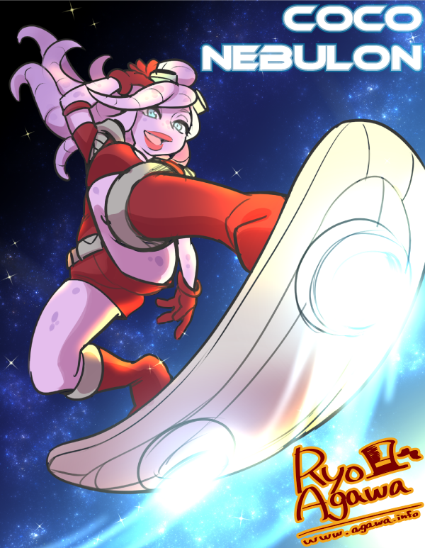 agawa_ryou alien awesomenauts blue_eyes boots character_name coco_nebulon gloves goggles goggles_on_head hover_board lips lipstick long_hair makeup pink_hair pink_skin red_gloves shorts solo space tentacle_hair