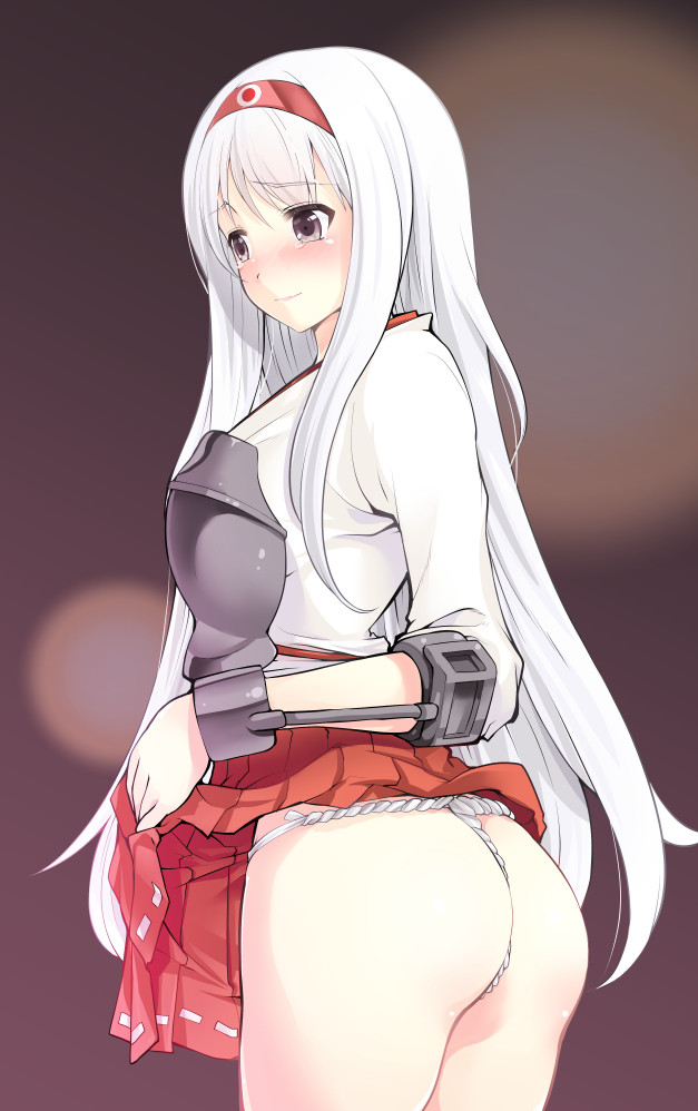 ass blush commentary_request embarrassed fundoshi hairband japanese_clothes kantai_collection long_hair muneate purple_eyes shoukaku_(kantai_collection) silver_hair skirt skirt_lift solo tears tilm