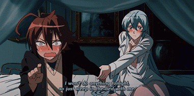 1boy 1girl akame_ga_kill! animated animated_gif bed blue_hair blush breasts brown_hair esdeath esdese large_breasts lowres rejection running sweat sweating tatsumi_(akame_ga_kill!)