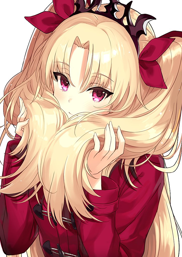 1girl alternate_costume bangs blonde_hair casual coat ereshkigal_(fate/grand_order) fate/grand_order fate_(series) hair_ribbon holding holding_hair long_hair miruto_netsuki parted_bangs red_coat red_eyes ribbon simple_background smile solo tiara two_side_up upper_body white_background