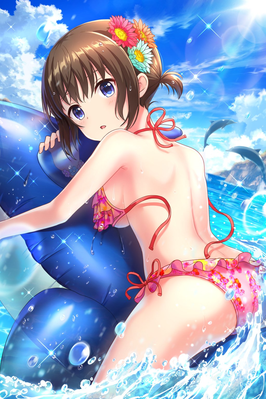 1girl alternative_girls asahina_nono bikini blue_eyes blush bracelet cloud cloudy_sky day dolphin floral_print flower hair_flower hair_ornament highres jewelry ocean official_art parted_lips pink_bikini short_hair side-tie_bikini sky splashing swimsuit twintails untied untied_bikini wet