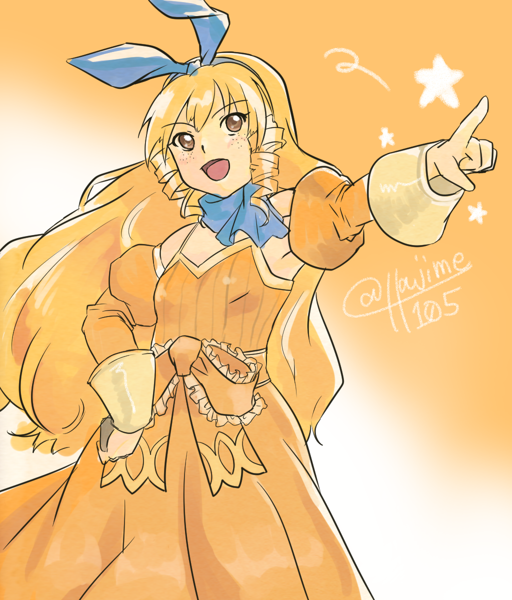 1girl blonde_hair blue_neckwear bow breasts brown_eyes calamity_jane commentary_request detached_sleeves dress drill_hair hair_ribbon hairband hazime-karbo highres long_hair open_mouth orange_dress orange_sleeves ribbon sidelocks small_breasts smile solo wild_arms wild_arms_1