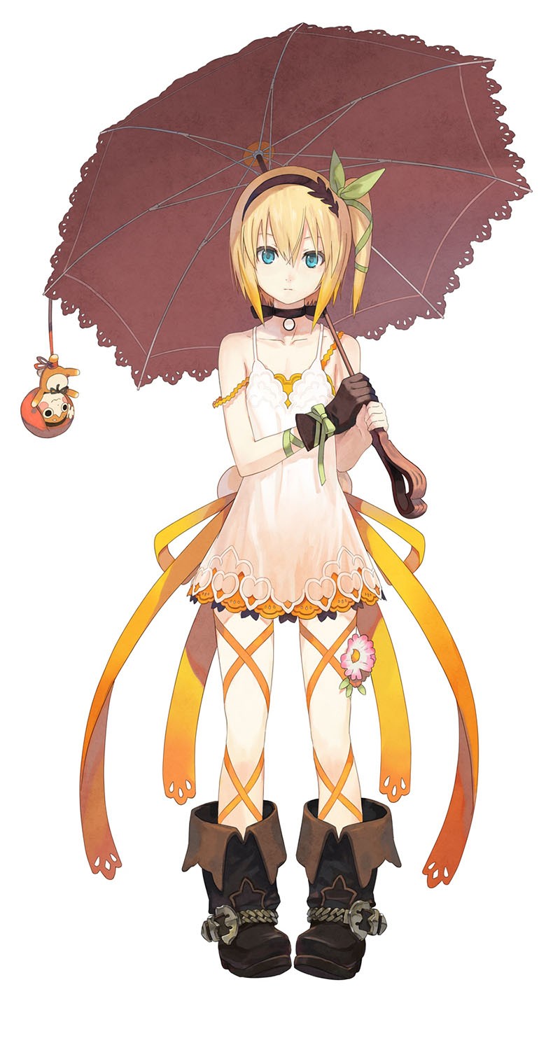 artist_request black_choker blonde_hair blue_eyes choker doll edna_(tales) expressionless flower full_body gloves hair_ribbon hairband highres leg_ribbon normin_(tales) official_art parasol ribbon shoes short_hair side_ponytail single_glove skirt solo standing tales_of_(series) tales_of_zestiria tress_ribbon umbrella white_background white_skirt