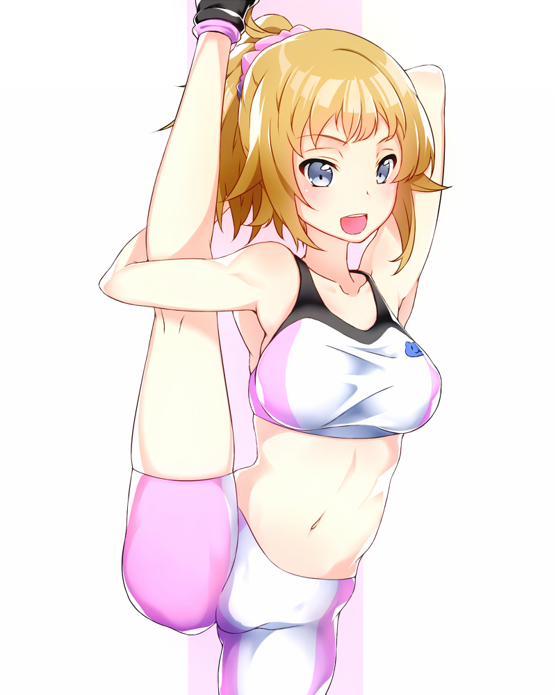 bike_shorts blue_eyes blush breasts brown_hair gundam gundam_build_fighters gundam_build_fighters_try hoshino_fumina large_breasts leg_up looking_at_viewer midriff navel open_mouth ponytail scrunchie short_hair smile solo sports_bra stretch touryou
