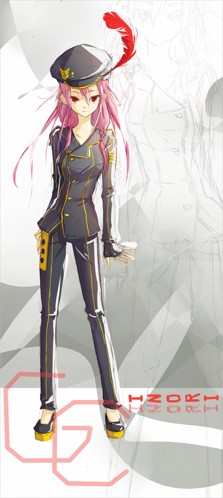alternate_costume breasts feather_beret guilty_crown highres long_hair medium_breasts military military_uniform pink_hair red_eyes solo tinhan twintails uniform yuzuriha_inori
