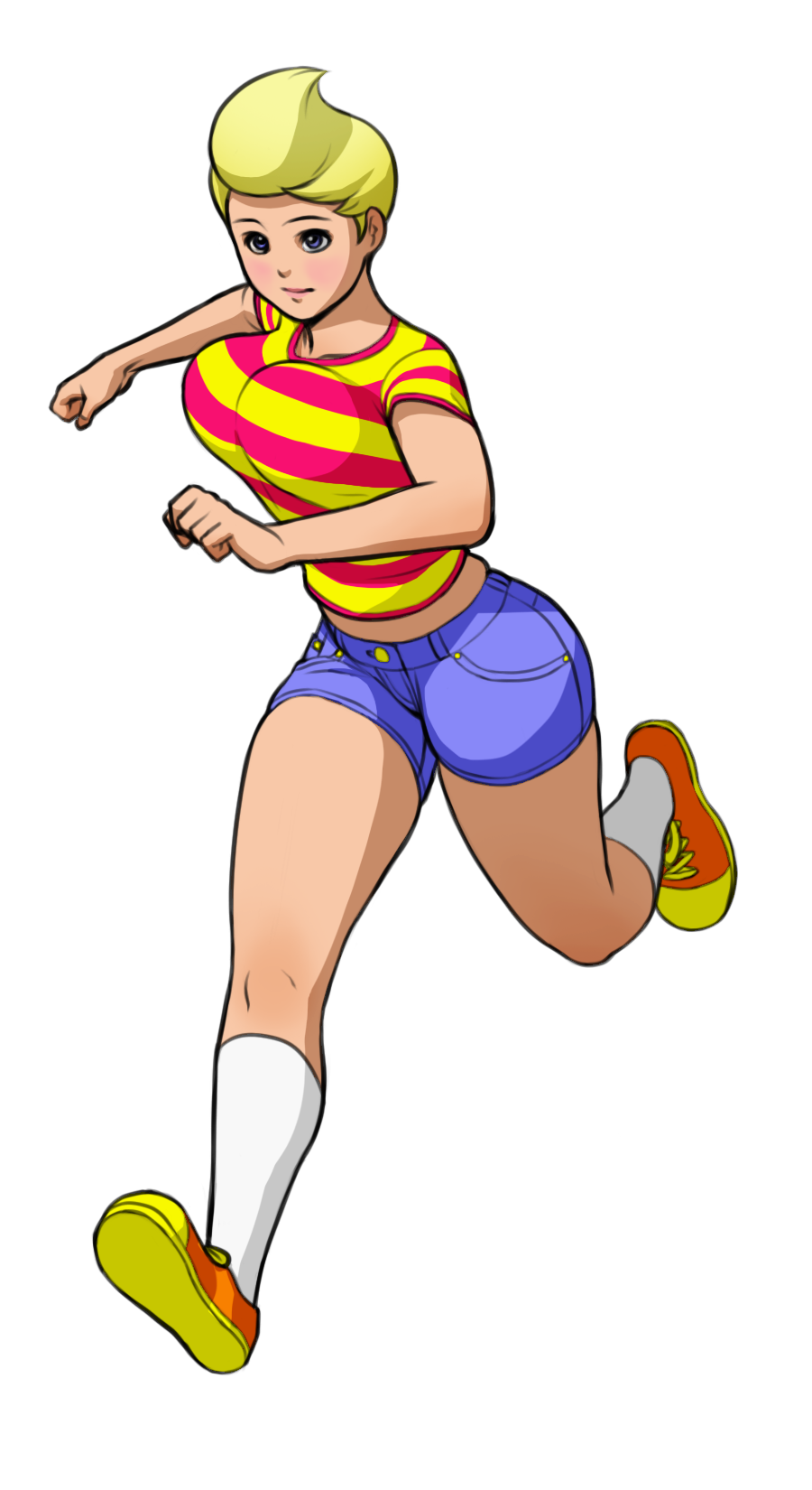 blonde_hair blue_eyes bouncing_breasts breasts denim denim_shorts genderswap highres large_breasts lucas mother_(game) mother_3 nikcesco running shirt shoes short_hair shorts sneakers socks solo striped t-shirt unaligned_breasts