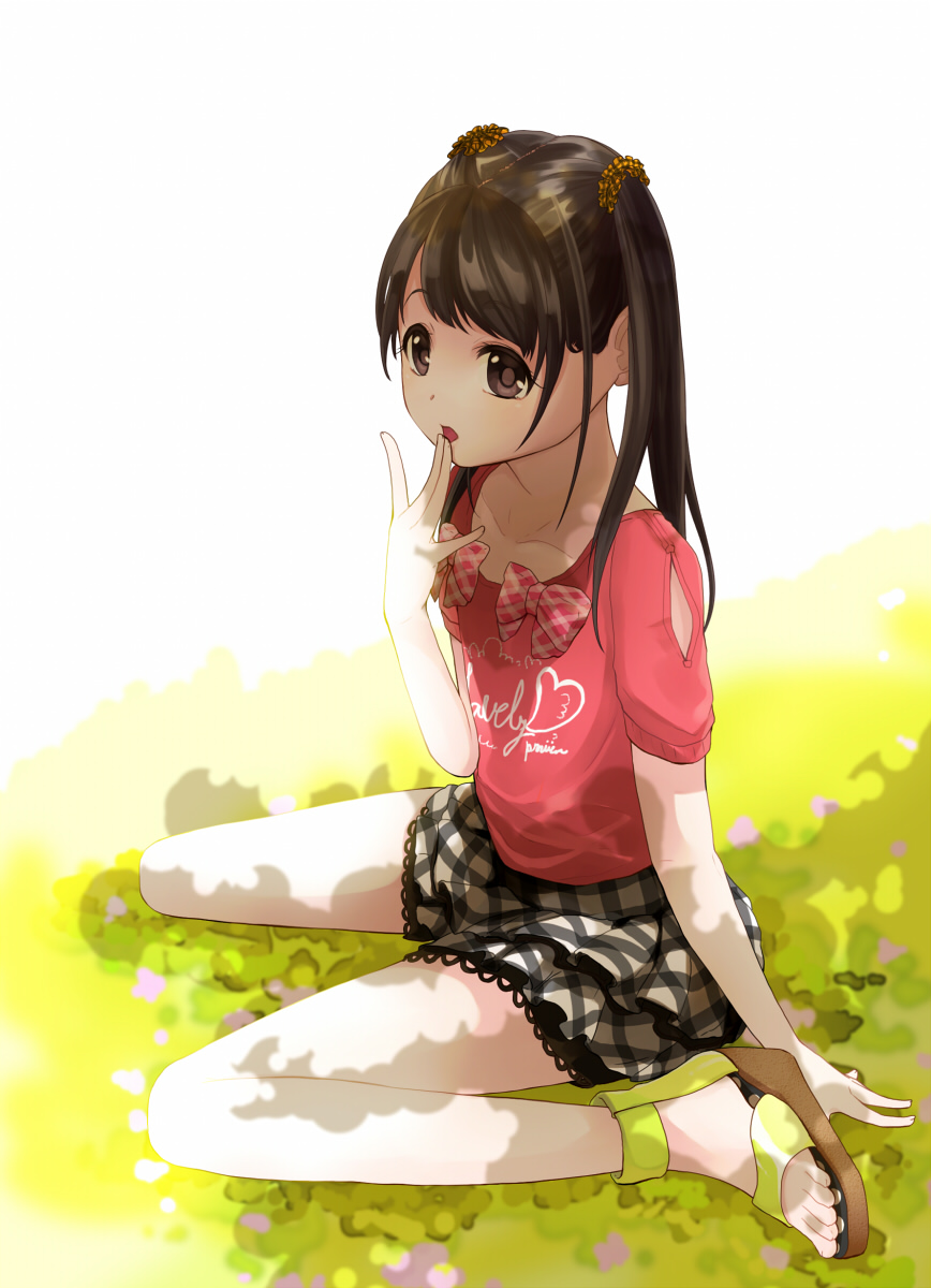 :o bad_id bad_pixiv_id blush bow brown_eyes brown_hair dappled_sunlight finger_to_mouth full_body grass highres long_hair looking_afar off-shoulder_shirt open_mouth original outdoors red_bow sandals sasamaru_chimaki shirt sitting skirt solo sunlight toes twintails wariza