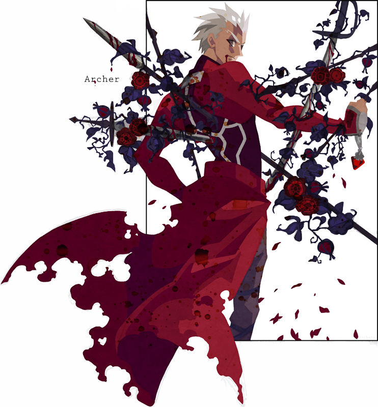archer blood blood_in_mouth fate/stay_night fate_(series) flower impaled kuroihato male_focus polearm rose solo spear sword transparent_background weapon white_hair