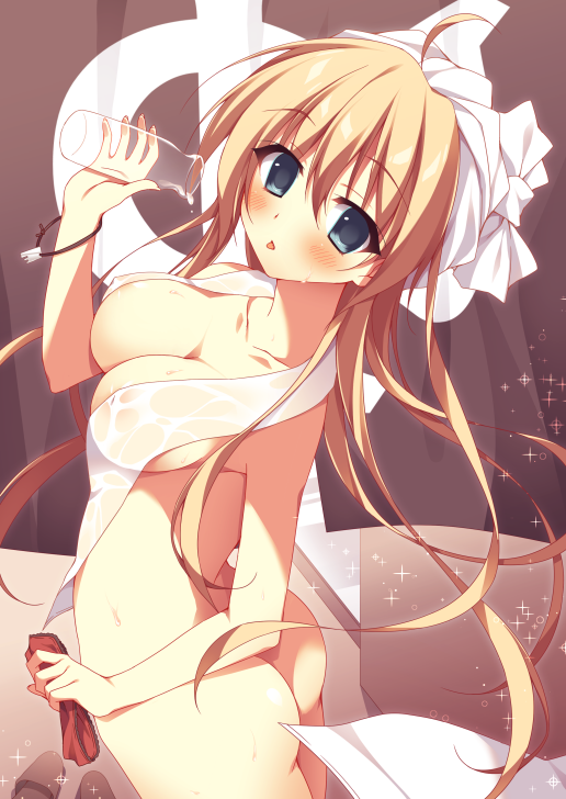 after_bath ahoge ass bad_id bad_twitter_id blonde_hair blue_eyes blush bottle breasts cleavage collarbone covered_nipples holding holding_panties large_breasts long_hair milk_bottle nipples nude oniku_(shimofuri-ke) original panties panties_removed red_panties see-through slippers solo sparkle tongue tongue_out towel underwear wet white_towel