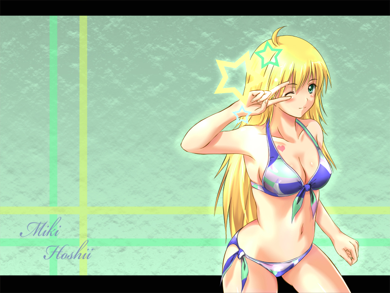 bikini blonde_hair blush breasts cleavage front-tie_top green_eyes hoshii_miki idolmaster idolmaster_(classic) koni large_breasts long_hair one_eye_closed side-tie_bikini solo star swimsuit