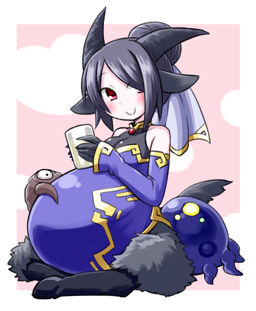 animal_ears black_hair commentary_request cthulhu_mythos cup detached_sleeves drinking_glass full_body goat_ears goat_horns hair_bun heart hooves horns kugelschreiber monster mother_and_child personification pregnant red_eyes short_hair shub-niggurath sitting smile solo tail