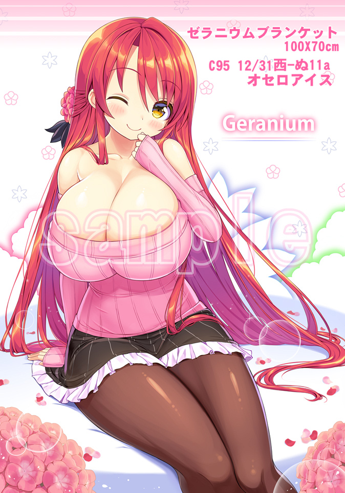 1girl bare_shoulders black_skirt breasts brown_legwear character_name cleavage closed_mouth cropped_legs flower flower_knight_girl geranium_(flower_knight_girl) gigantic_breasts hair_flower hair_ornament long_hair looking_at_viewer off-shoulder_sweater one_eye_closed pantyhose petals pink_sweater red_hair ribbed_sweater sample shuz_(dodidu) sitting skirt smile solo sweater yellow_eyes
