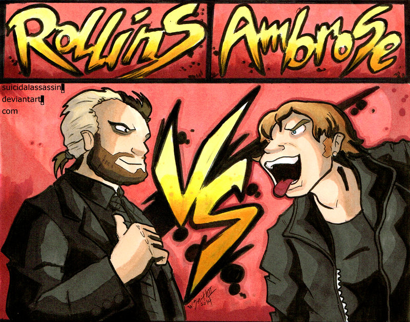 beard black_hair blonde_hair brown_hair dean_ambrose facial_hair formal jacket jewelry long_hair multicolored_hair multiple_boys ponytail seth_rollins short_hair single_earring suicidalassassin tongue tongue_out vs wwe