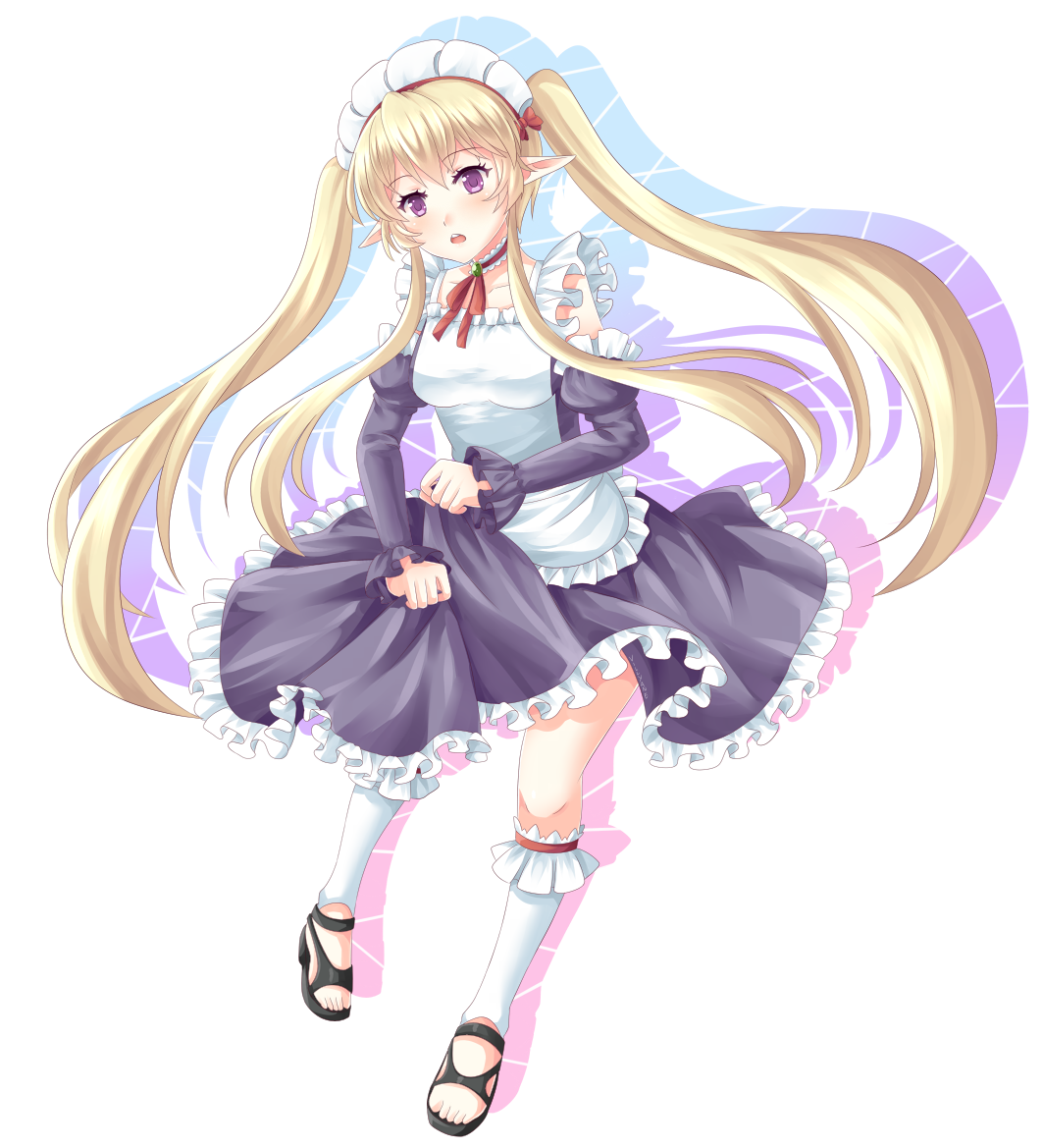 alternate_eye_color alternate_hair_color blonde_hair detached_sleeves elf full_body long_hair looking_at_viewer maid maid_headdress myucel_foalan open_mouth outbreak_company pointy_ears purple_eyes silhouette skirt skirt_lift solo transparent_background twintails villyane white_legwear