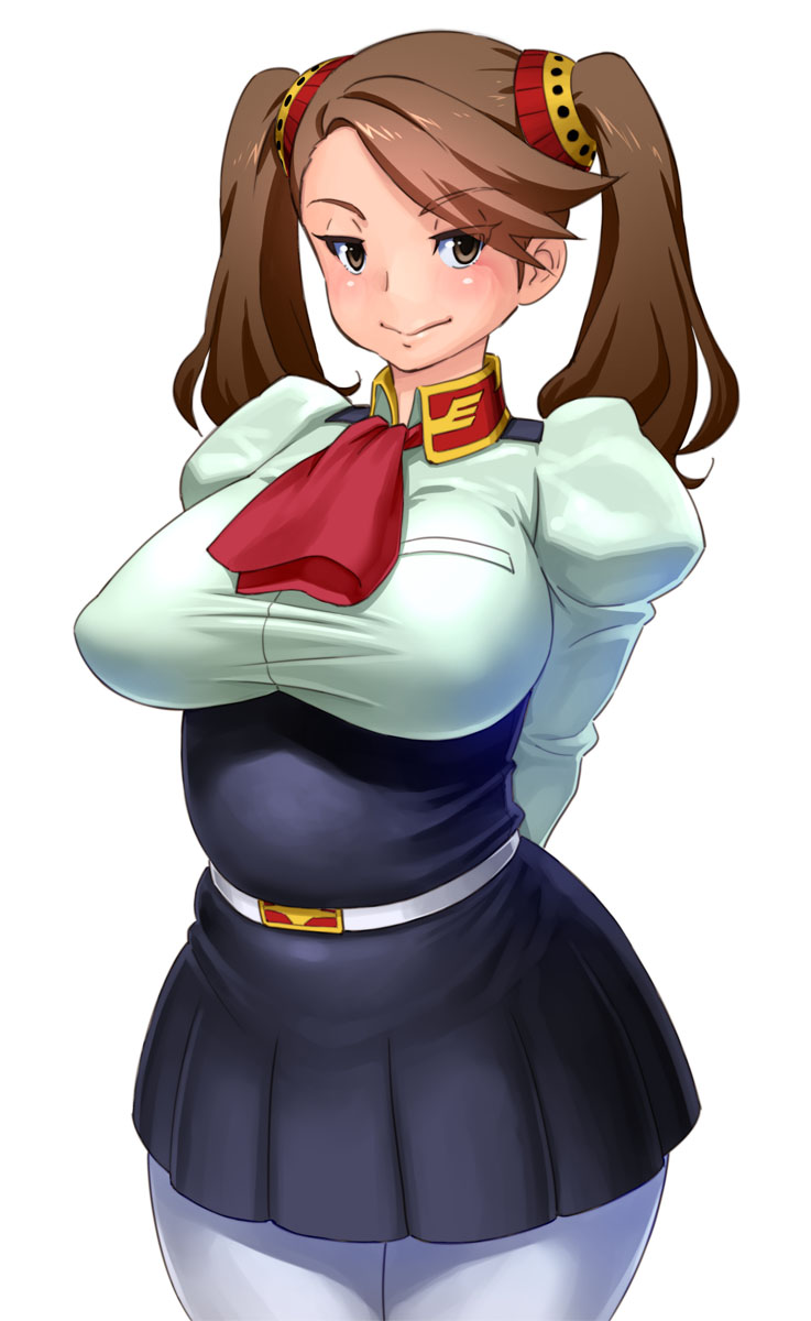 arms_behind_back belt belt_buckle breasts brown_eyes brown_hair buckle cravat fat gundam gundam_build_fighters gundam_build_fighters_try hair_ornament high-waist_skirt highres large_breasts long_hair looking_at_viewer pantyhose red-p sazaki_kaoruko shirt simple_background skirt smile solo taut_clothes taut_shirt twintails white_background