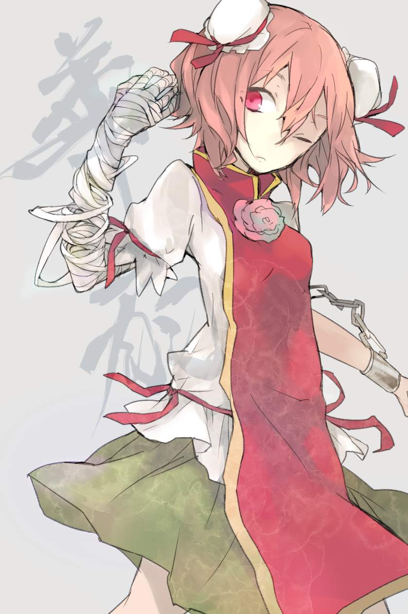 bandages bun_cover character_name chinese_clothes cuffs double_bun false_arm flower hasunokaeru highres ibaraki_kasen one_eye_closed pink_eyes pink_hair rose skirt solo tabard touhou