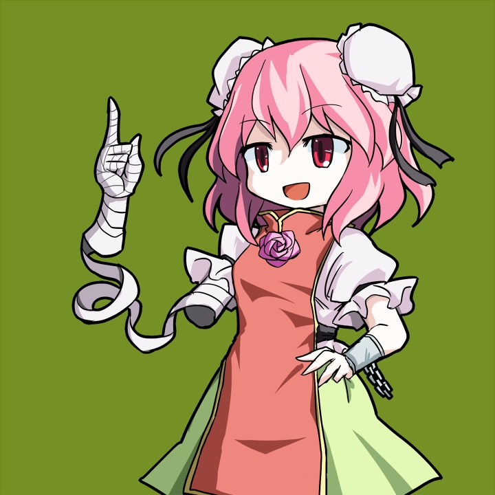 :d aratami_isse bandages chain cuffs false_arm hand_on_hip ibaraki_kasen open_mouth pink_hair red_eyes shackles short_hair smile tabard touhou