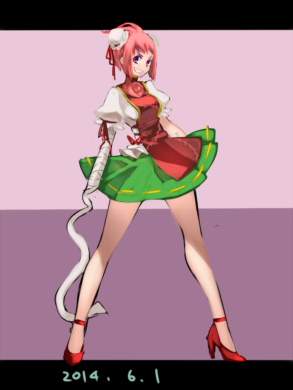 2014 :d bandages bun_cover chinese_clothes dated double_bun false_arm flower full_body green_skirt grin high_heels highres ibaraki_kasen letterboxed looking_at_viewer namauni open_mouth pink_eyes pink_hair puffy_short_sleeves puffy_sleeves rose short_sleeves skirt smile solo tabard touhou