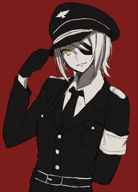 eyepatch hat kantai_collection looking_at_viewer peaked_cap red_background short_hair simple_background smile solo tenryuu_(kantai_collection) yellow_eyes yue_teitoku