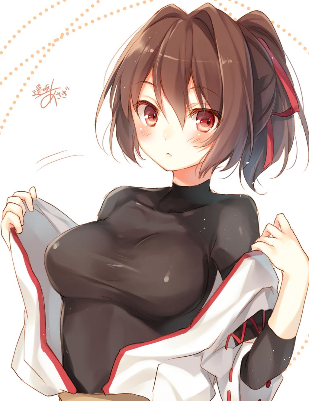 artist_name blush breasts brown_eyes brown_hair collarbone downscaled hair_intakes hair_ribbon highres ise_(kantai_collection) japanese_clothes jpeg_artifacts kantai_collection large_breasts looking_at_viewer md5_mismatch off_shoulder open_clothes ponytail resized ribbon short_hair signature simple_background skin_tight solo toosaka_asagi