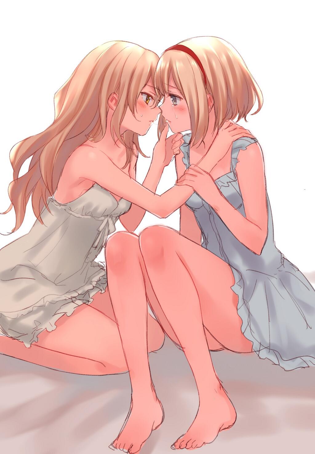after_kiss alice_margatroid bad_id bad_twitter_id blonde_hair blue_dress blush chemise chin_grab crying dress frilled_dress frills fukahire_(ruinon) grey_eyes hairband hand_on_another's_chin hand_on_another's_shoulder highres kirisame_marisa long_hair looking_at_another multiple_girls open_mouth saliva saliva_trail short_hair sitting sweat sweatdrop tears touhou wavy_hair white_dress yellow_eyes yuri