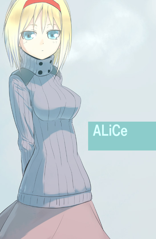 alice_margatroid arms_behind_back blonde_hair blue_eyes breasts brown_skirt character_name cowboy_shot hairband long_skirt long_sleeves looking_at_viewer medium_breasts onibi_(foxhound4185) ribbed_sweater short_hair simple_background sketch skirt solo sweater touhou turtleneck