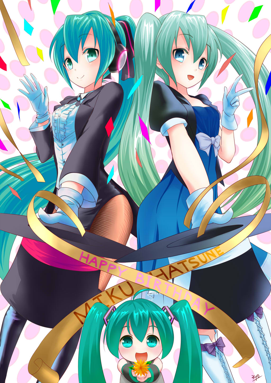 alternate_hairstyle aqua_eyes aqua_hair artist_name black_hat black_jacket black_ribbon boots brooch center_frills character_name chibi collared_shirt detached_sleeves dress fishnet_pantyhose fishnets flower gloves green_eyes green_hair happy_birthday hat hat_removed hatsune_miku headphones headwear_removed high_ponytail highres holding holding_hat jacket jewelry knee_boots kyo_(kyo21413) long_hair long_sleeves magical_mirai_(vocaloid) magician magician_(module) miracle_paint_(vocaloid) multiple_girls open_mouth pantyhose ponytail project_diva project_diva_(series) ribbon shirt tailcoat top_hat twintails very_long_hair vocaloid white_gloves white_shirt wing_collar