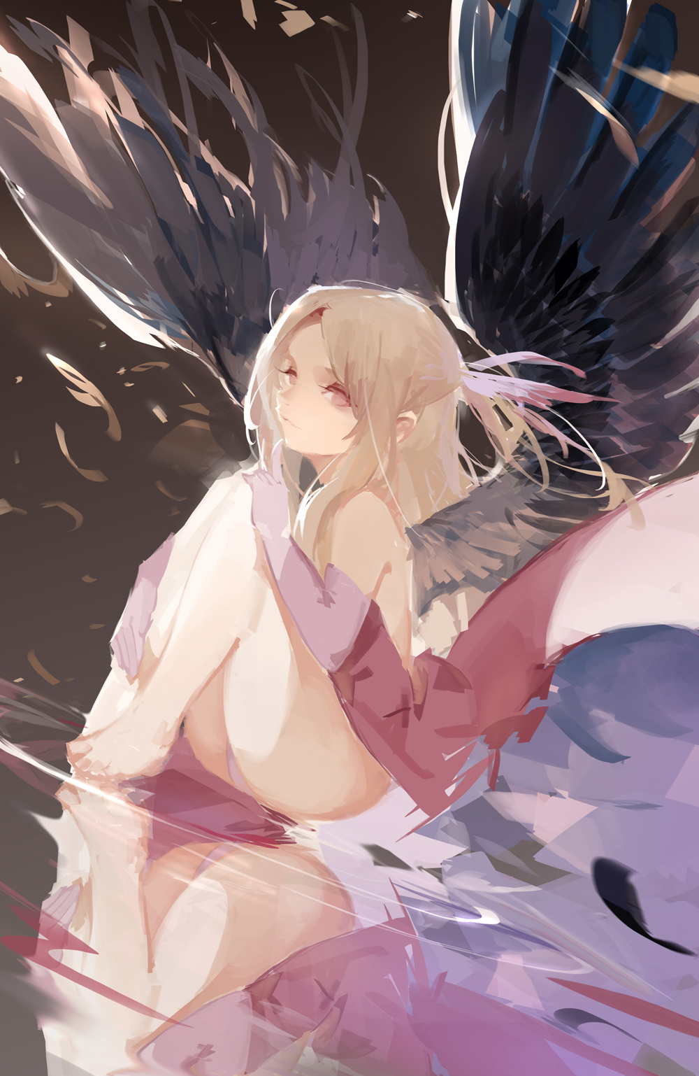 bare_legs bare_shoulders barefoot black_wings blonde_hair elbow_gloves fate/kaleid_liner_prisma_illya fate_(series) gloves hair_ribbon highres illyasviel_von_einzbern knees_to_chest knees_up pink_eyes pink_gloves rained reflection ribbon sitting sketch solo wings