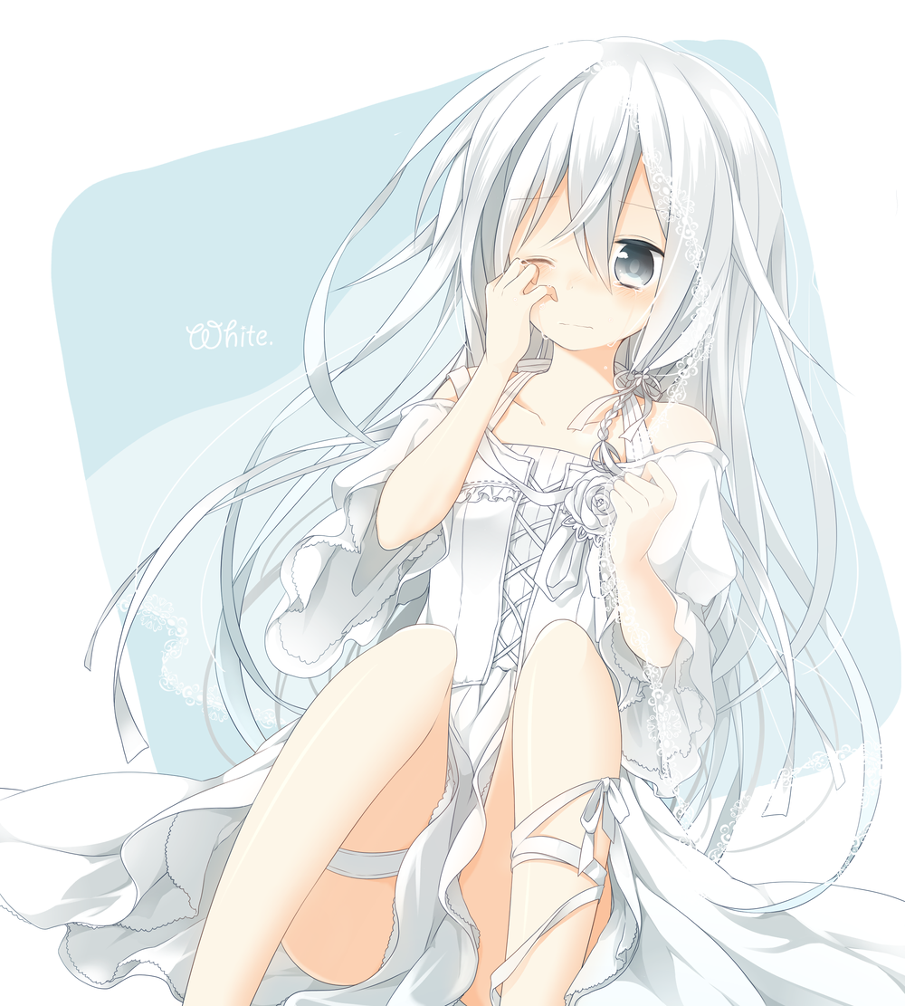 bad_id bad_pixiv_id crying detached_sleeves dress frills long_hair looking_at_viewer nana_kusun one_eye_closed original silver_eyes silver_hair sitting solo white_dress