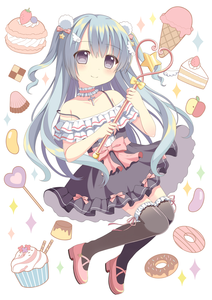 apollo_chocolate bare_shoulders black_legwear blue_eyes blue_hair cake candy checkerboard_cookie choker cookie cross cupcake detached_sleeves doughnut food frilled_legwear frills fruit hair_ornament heart holding ice_cream ice_cream_cone jelly_bean lollipop long_hair looking_at_viewer magical_girl mary_janes md5_mismatch original pudding riria_(happy_strawberry) shoes single_scoop slice_of_cake smile solo sparkle sprinkles star star_hair_ornament strawberry strawberry_shortcake thighhighs two_side_up wafer_stick wand white_background zettai_ryouiki