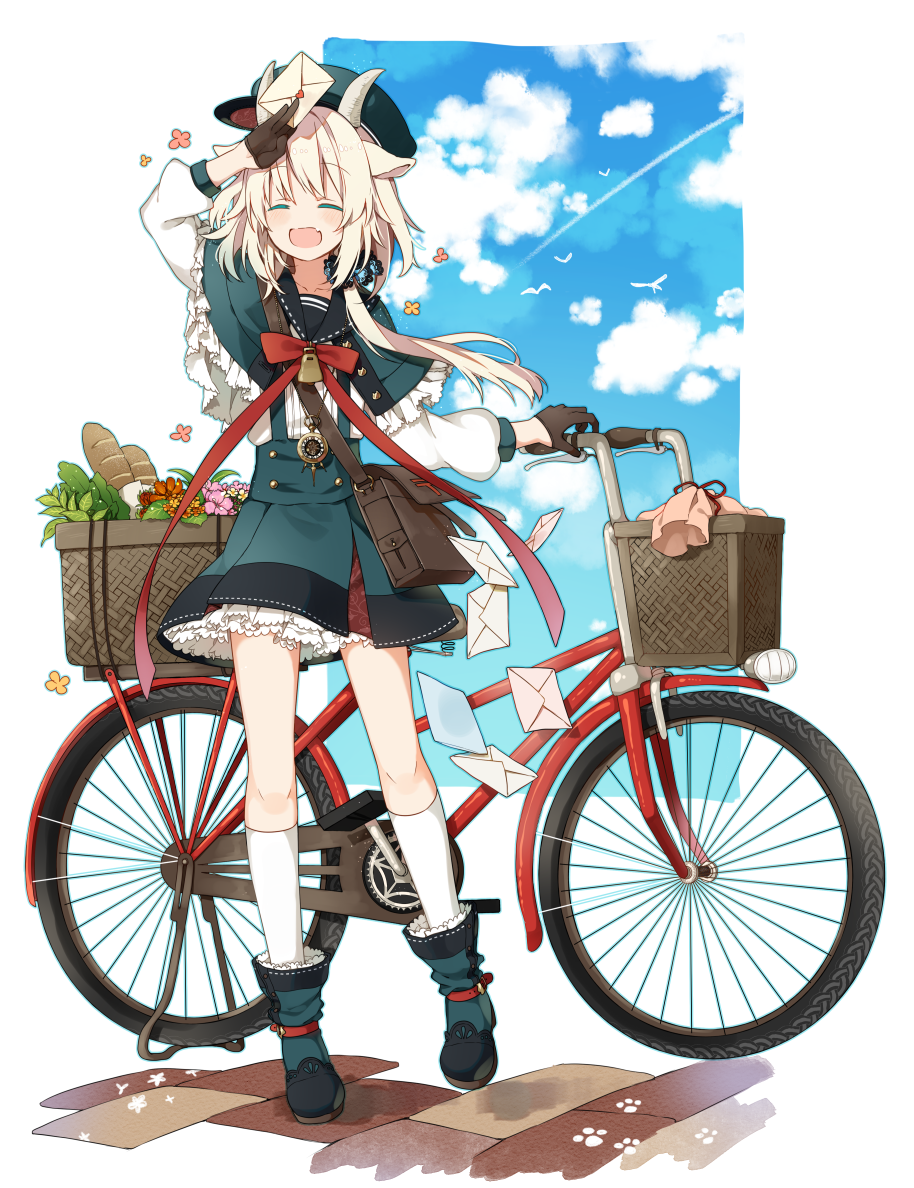^_^ animal_ears bag bell bicycle bicycle_basket blue_sky boots bow bread brown_gloves capelet closed_eyes cloud day dress facing_viewer flower food frilled_dress frills gloves goat_ears goat_horns groceries ground_vehicle hair_over_shoulder hat holding jewelry kneehighs letter light_brown_hair long_hair long_sleeves nana_kusun necklace one_side_up open_mouth original pavement paw_print sack satchel scrunchie short_dress sky smile solo spilling standing white_hair white_legwear