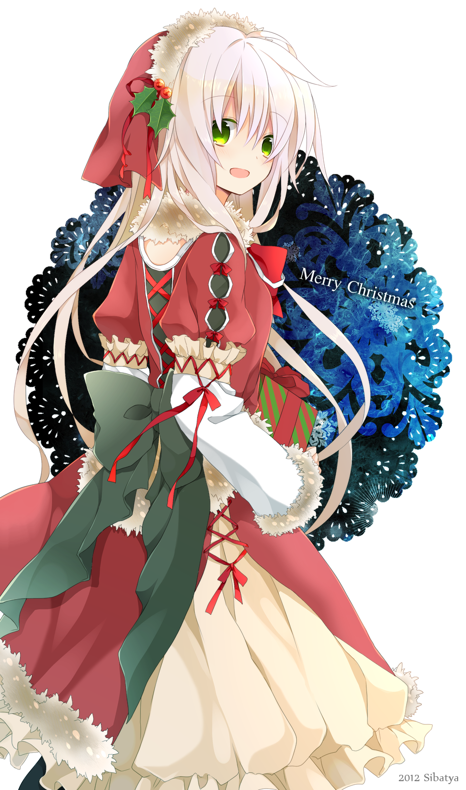 :d bad_id bad_pixiv_id box carrying christmas gift gift_box green_eyes hat highres long_hair looking_at_viewer merry_christmas nana_kusun open_mouth original silver_hair smile solo