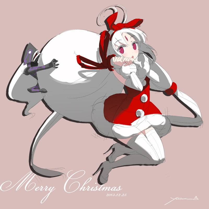 ahoge bow christmas detached_sleeves flat_chest forehead_jewel french-bread hairband high_heels huge_ahoge long_hair low_twintails merkava_(under_night_in-birth) merry_christmas miniboy red_eyes sack santa_costume signature simple_background solo_focus stiletto_heels thighhighs twintails under_night_in-birth vatista very_long_hair white_hair white_legwear yoshihara_seiichi