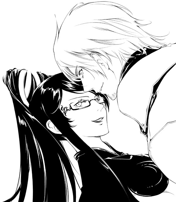 1girl bayonetta bayonetta_(character) commentary_request creator_connection crossover dante_(devil_may_cry) devil_may_cry facial_hair glasses greyscale lips long_hair looking_at_viewer looking_back monochrome ponytail simple_background smile stubble sumi_keiichi