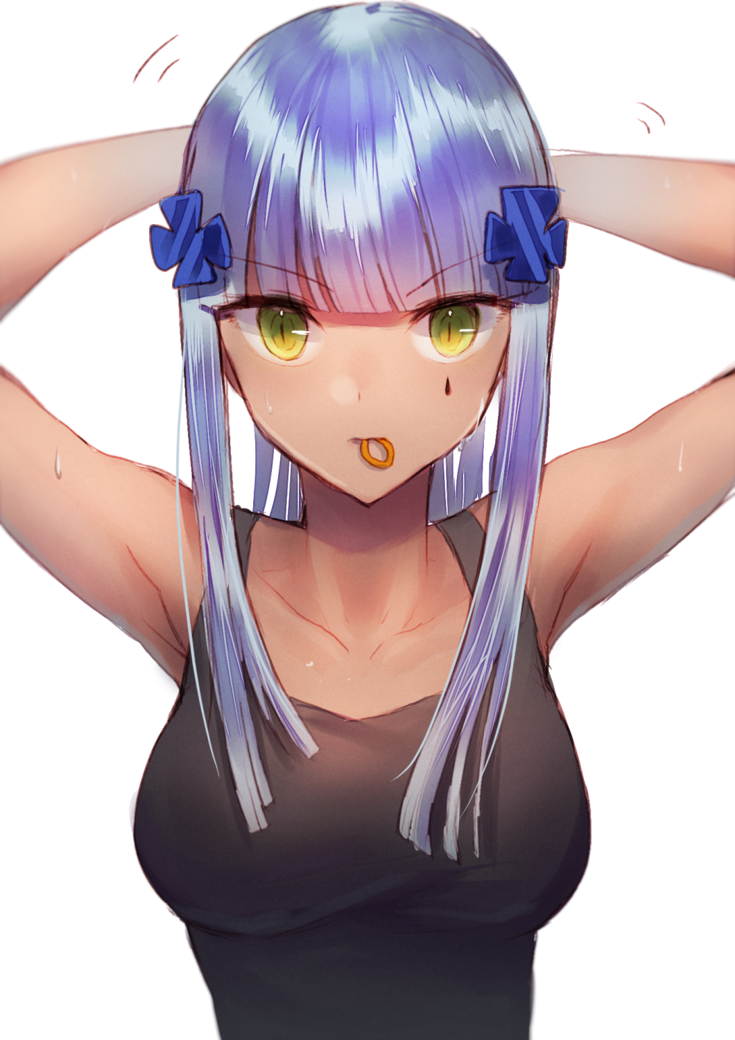 1girl arms_up collarbone facial_mark girls_frontline green_eyes hair_ornament hair_tie_in_mouth highres hk416_(girls_frontline) long_hair mouth_hold sidelocks silver_hair simple_background solo tank_top tying_hair upper_body v-shaped_eyebrows white_background xanax025