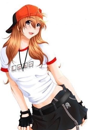 artist_request baseball_cap blue_eyes blush dog_tags dogtags fingerless_gloves gloves happy hat jewelry light_brown_hair long_hair lowres necklace neon_genesis_evangelion open_mouth skirt soryu_asuka_langley souryuu_asuka_langley zipper