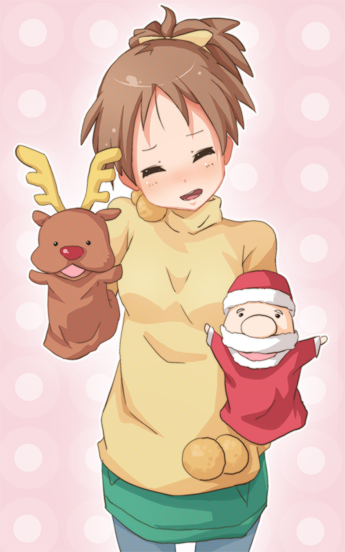 bad_id bad_pixiv_id brown_hair chonbo_(artist) christmas closed_eyes hand_puppet hirasawa_ui k-on! pantyhose polka_dot ponytail puppet reindeer santa_claus short_hair solo