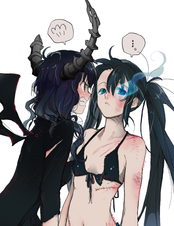 2girls angry bad_id bad_pixiv_id bikini_top black_hair black_rock_shooter black_rock_shooter_(character) blue_eyes bruise burning_eye crying crying_with_eyes_open dead_master front-tie_top green_eyes horns injury kanke_(yonkuma) long_hair looking_at_another looking_away multiple_girls navel scar speech_bubble spoken_ellipsis stitches swimsuit tears torn_clothes twintails uneven_twintails very_long_hair wings