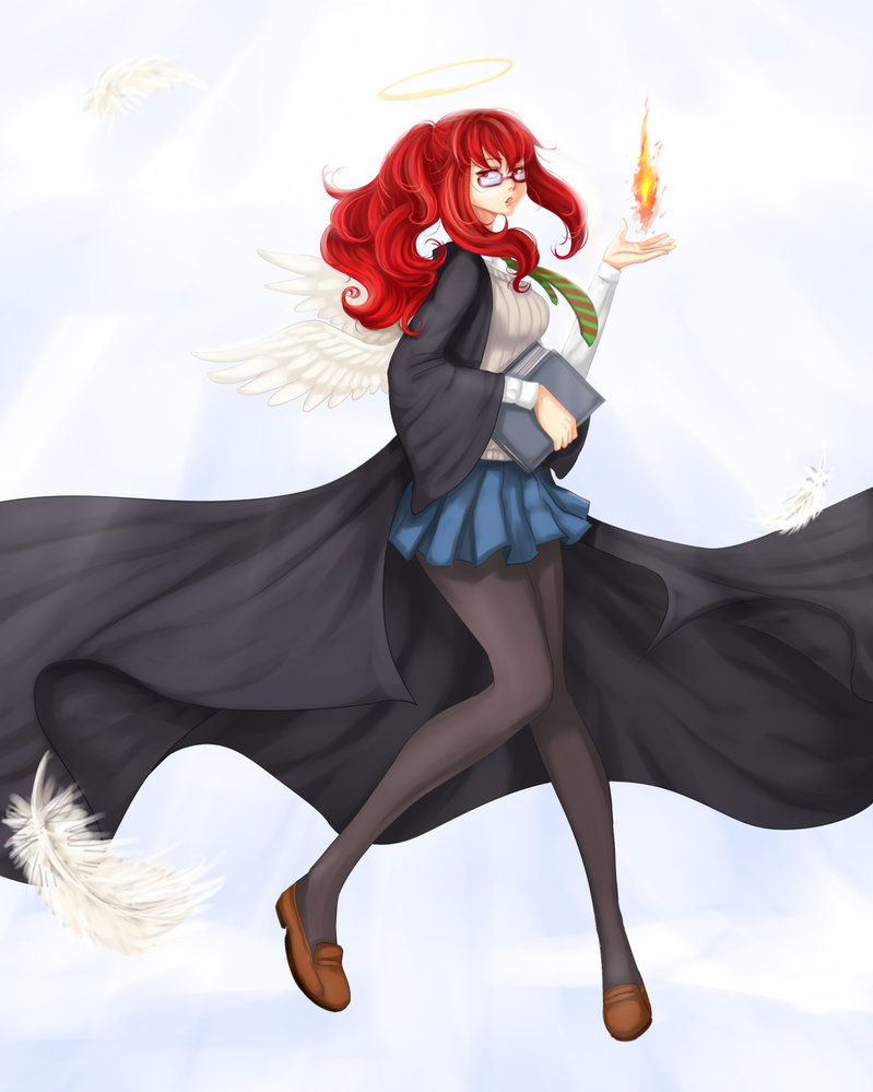 1girl ange book cloud clouds feathered_wings fire glasses long_coat long_hair mon-musu_quest! pale_skin promestein red_eyes red_hair skirt stockings thighhighs tscbr wings