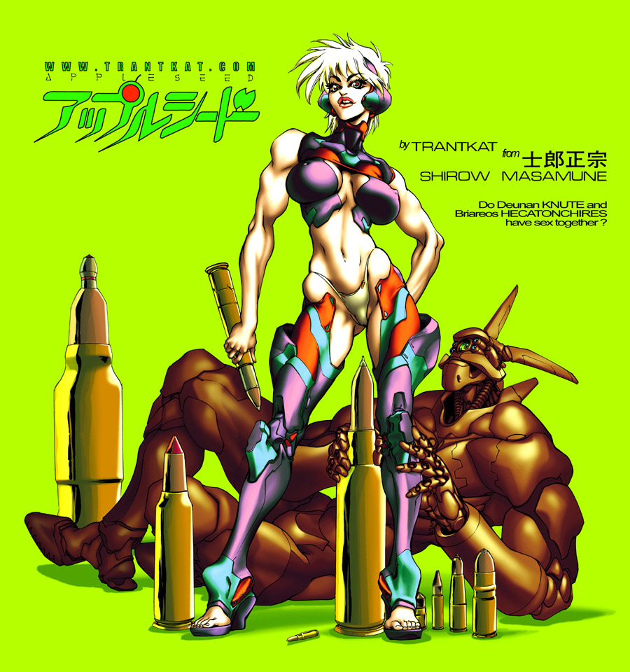 80s ammunition appleseed armor armored_boots artist_name bare_shoulders boots breasts briareos_hecatonchires bullet copyright_name couple cyberpunk cyborg deunan_knute green_eyes holding kevin_herault large_breasts leg_hold logo lying mecha muscle muscular_female oldschool on_side panties red_pupils robot_ears science_fiction sexually_suggestive short_hair standing thighhighs toeless_boots underwear watermark weapon web_address white_hair yellow_panties