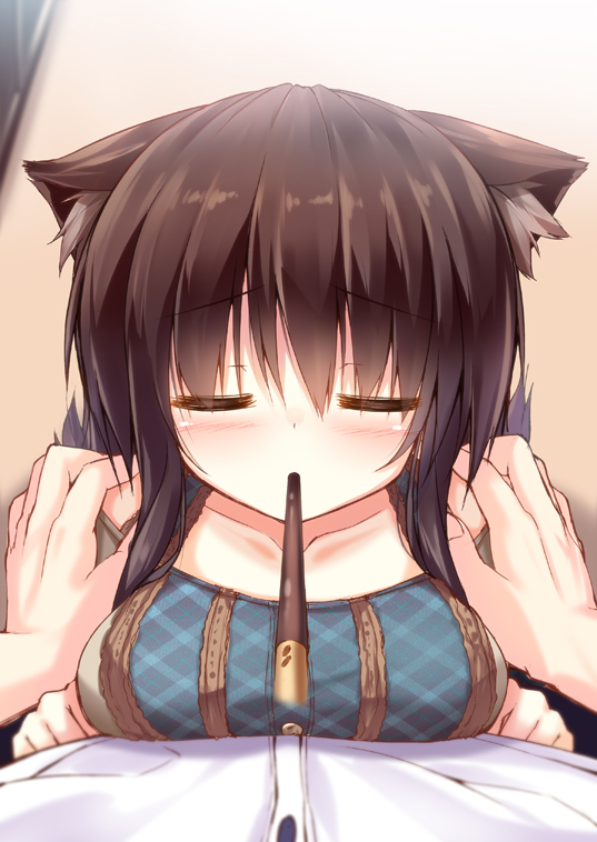 1girl animal_ears blush breasts brown_hair cat_ears closed_eyes collarbone face food hands_on_another's_shoulders incoming_pocky_kiss large_breasts long_hair mia_flatpaddy original pocky pocky_day pov syroh